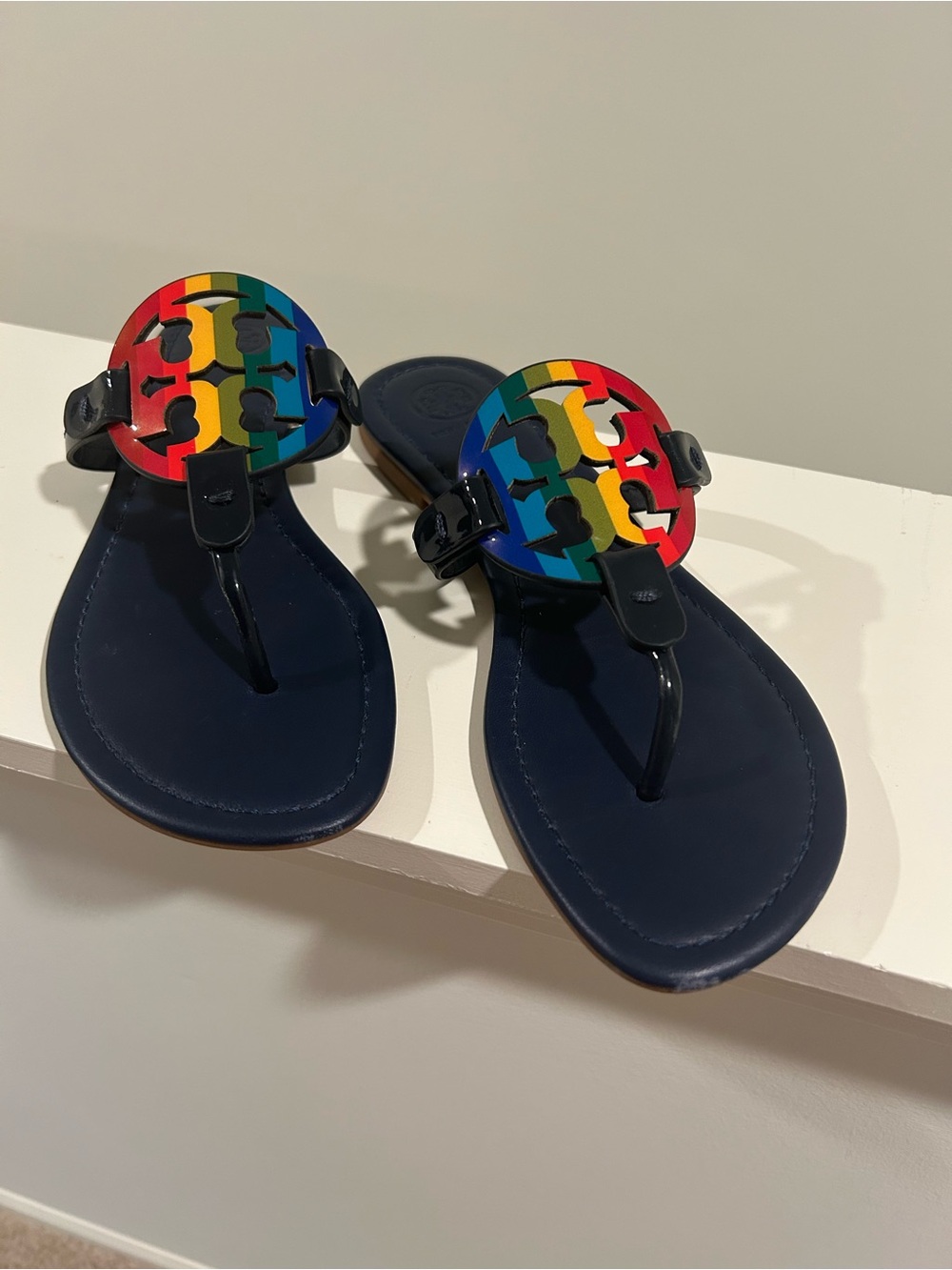 Tory Burch Navy Sandals with Rainbow Logo Medallions